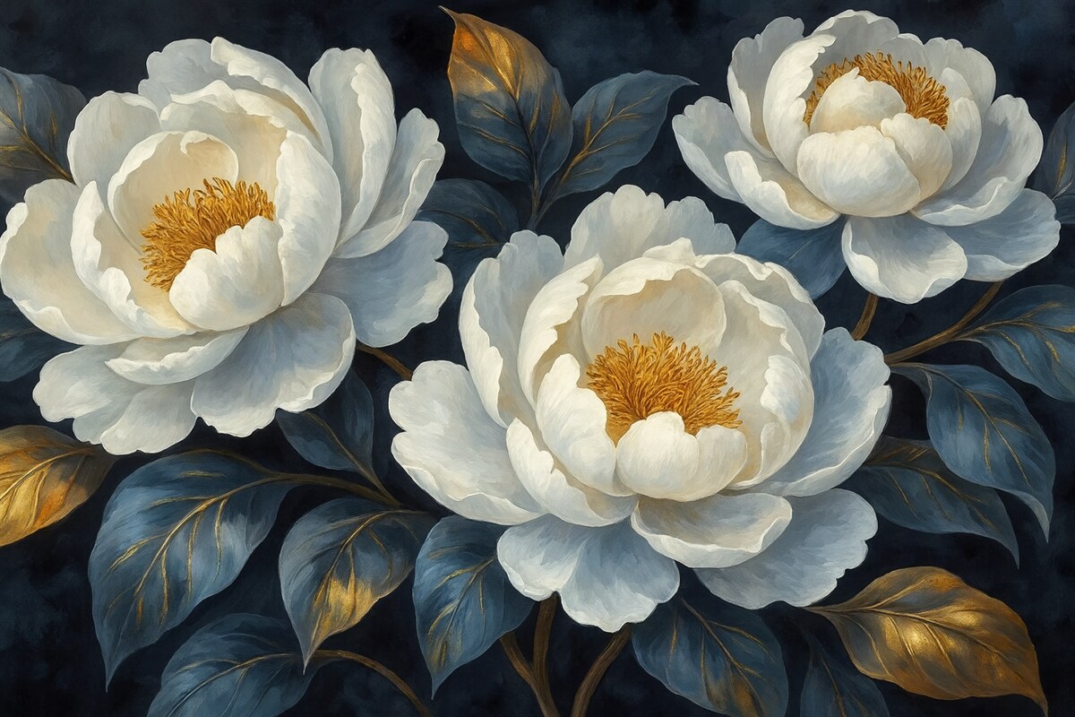 Fototapeta Kwiatowe białe piwonie na niebieskim tle w artystycznym stylu.