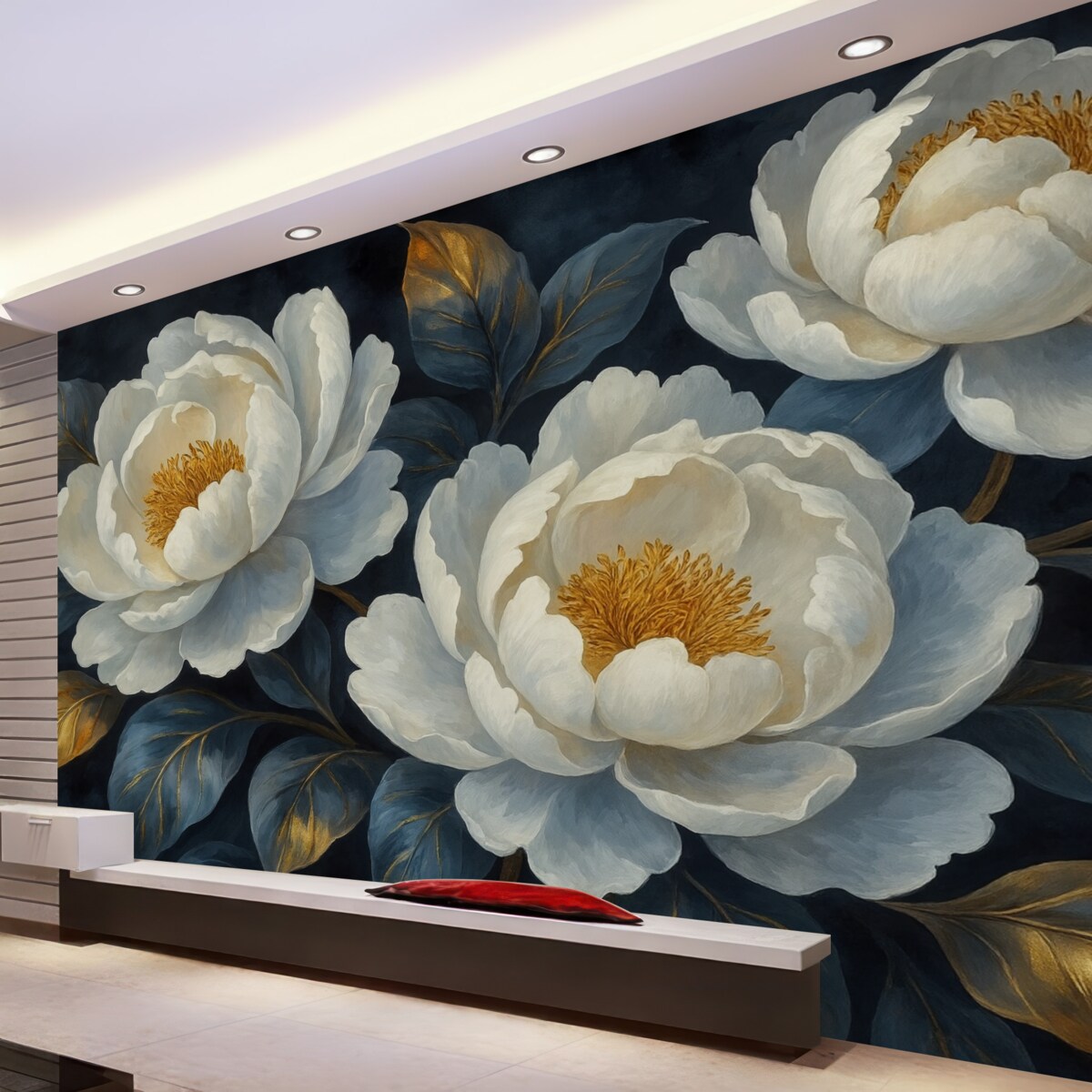 Fototapeta Kwiatowe białe piwonie na niebieskim tle w artystycznym stylu.