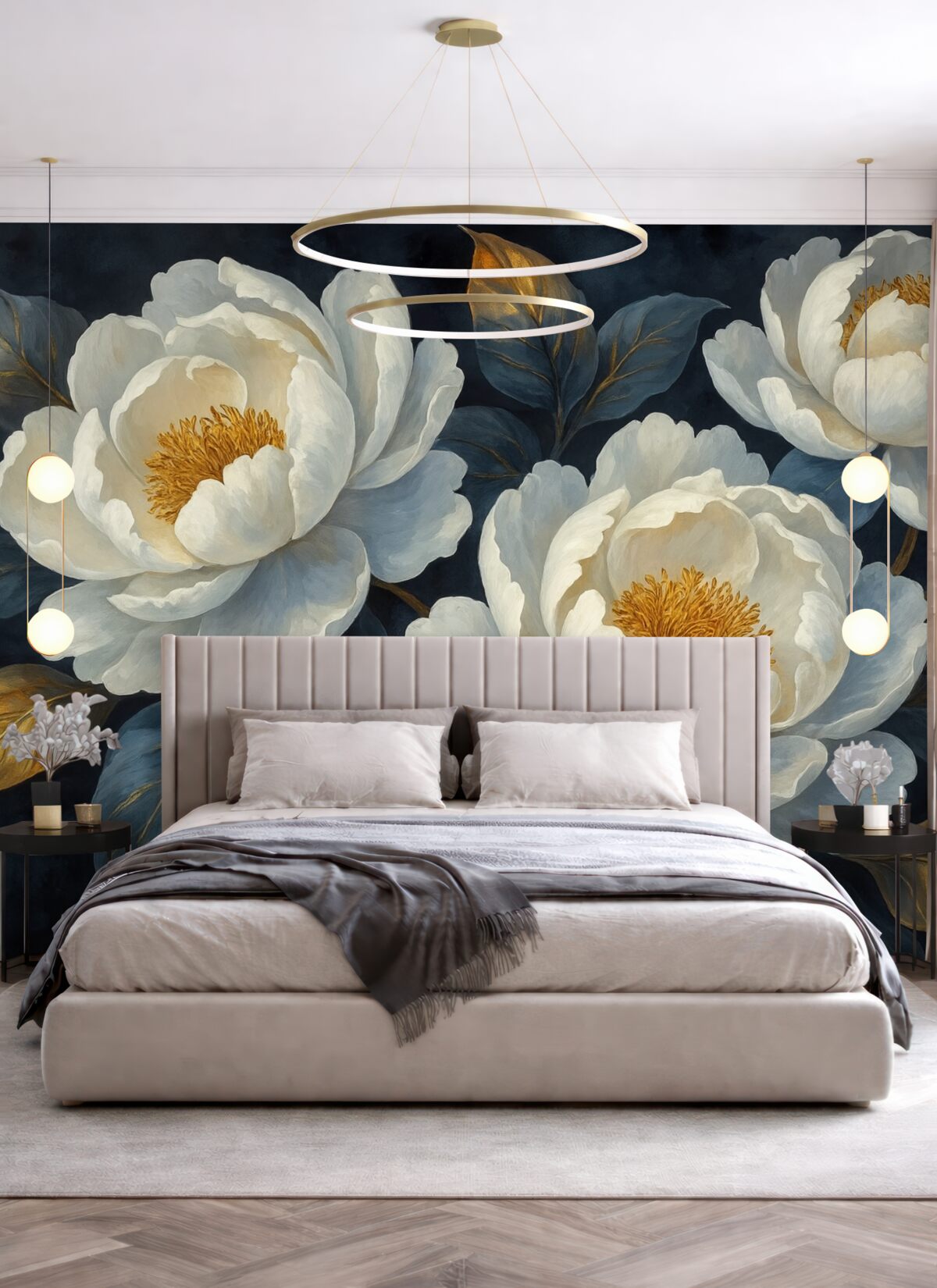 Fototapeta Kwiatowe białe piwonie na niebieskim tle w artystycznym stylu.