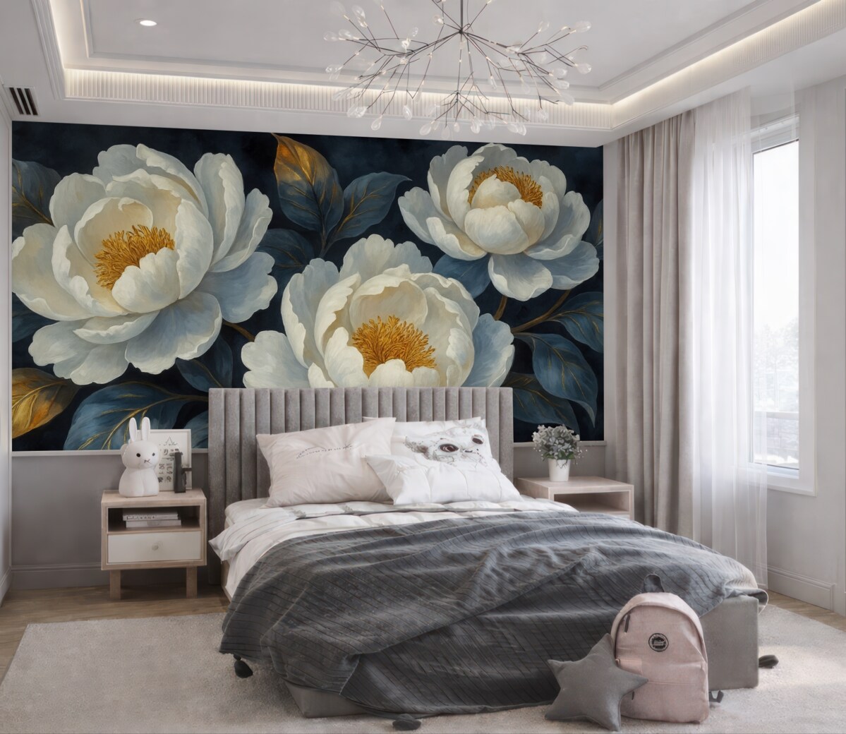 Fototapeta Kwiatowe białe piwonie na niebieskim tle w artystycznym stylu.