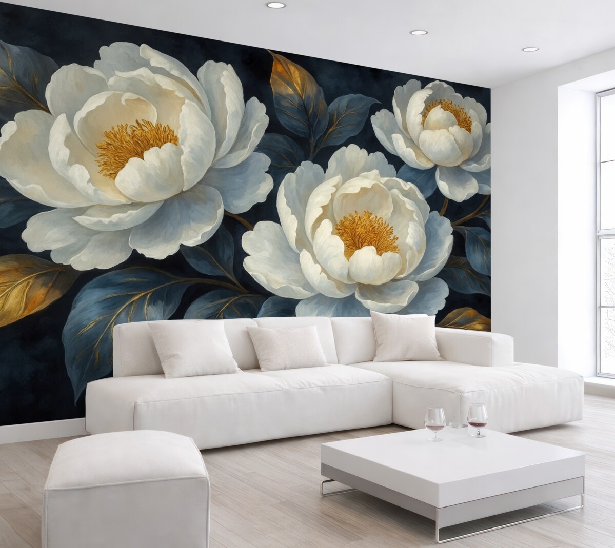 Fototapeta Kwiatowe białe piwonie na niebieskim tle w artystycznym stylu.