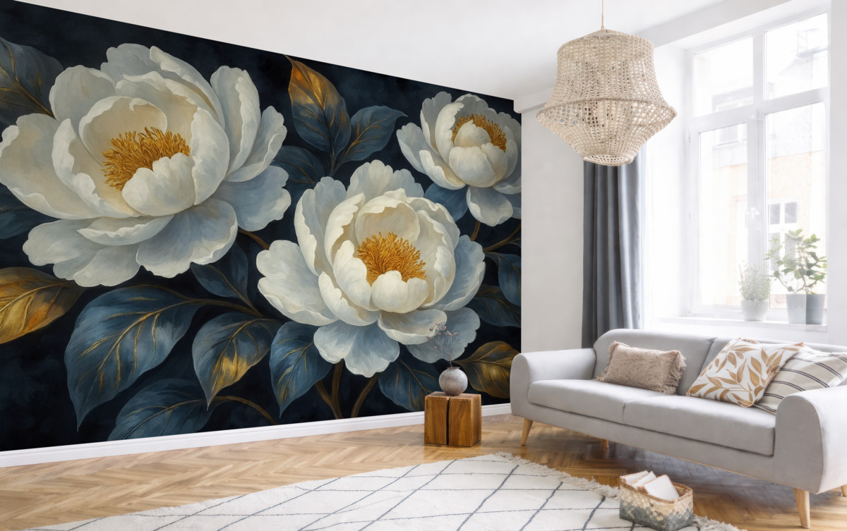 Fototapeta Kwiatowe białe piwonie na niebieskim tle w artystycznym stylu.