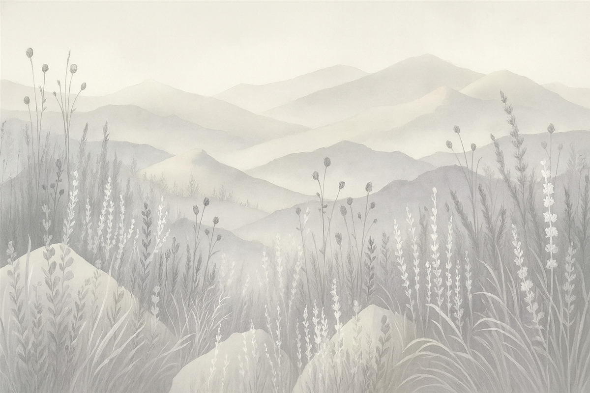 Fototapeta mglisto-otoczone góry, dzikie rośliny i kwiaty