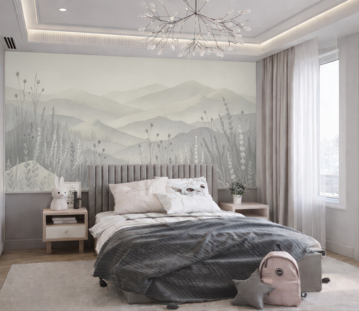 Fototapeta mglisto-otoczone góry, dzikie rośliny i kwiaty