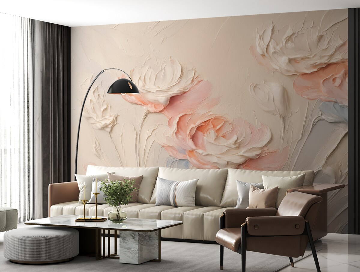 Fototapeta Na ścianie znajduje się naśladowanie pociągnięć pędzla w formie roślinności.