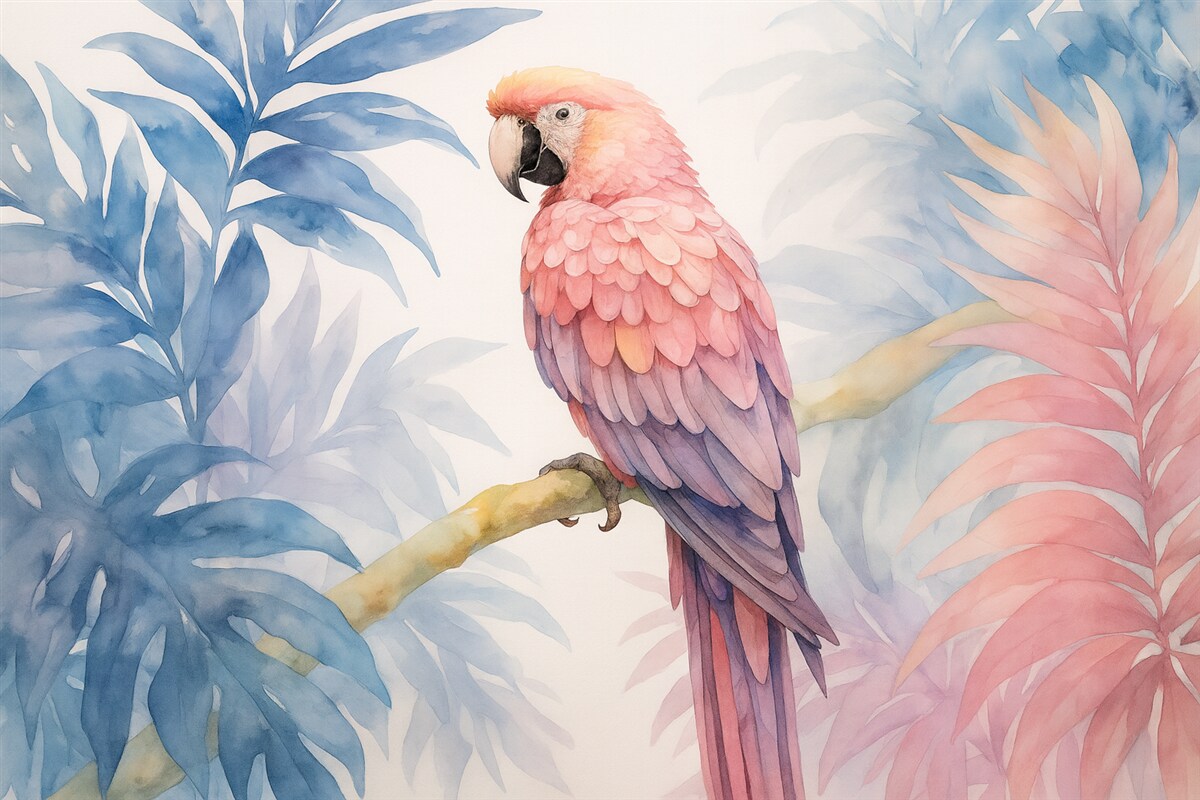 Fototapeta Różowa papuga spoczywająca na gałęzi przypomina obraz.