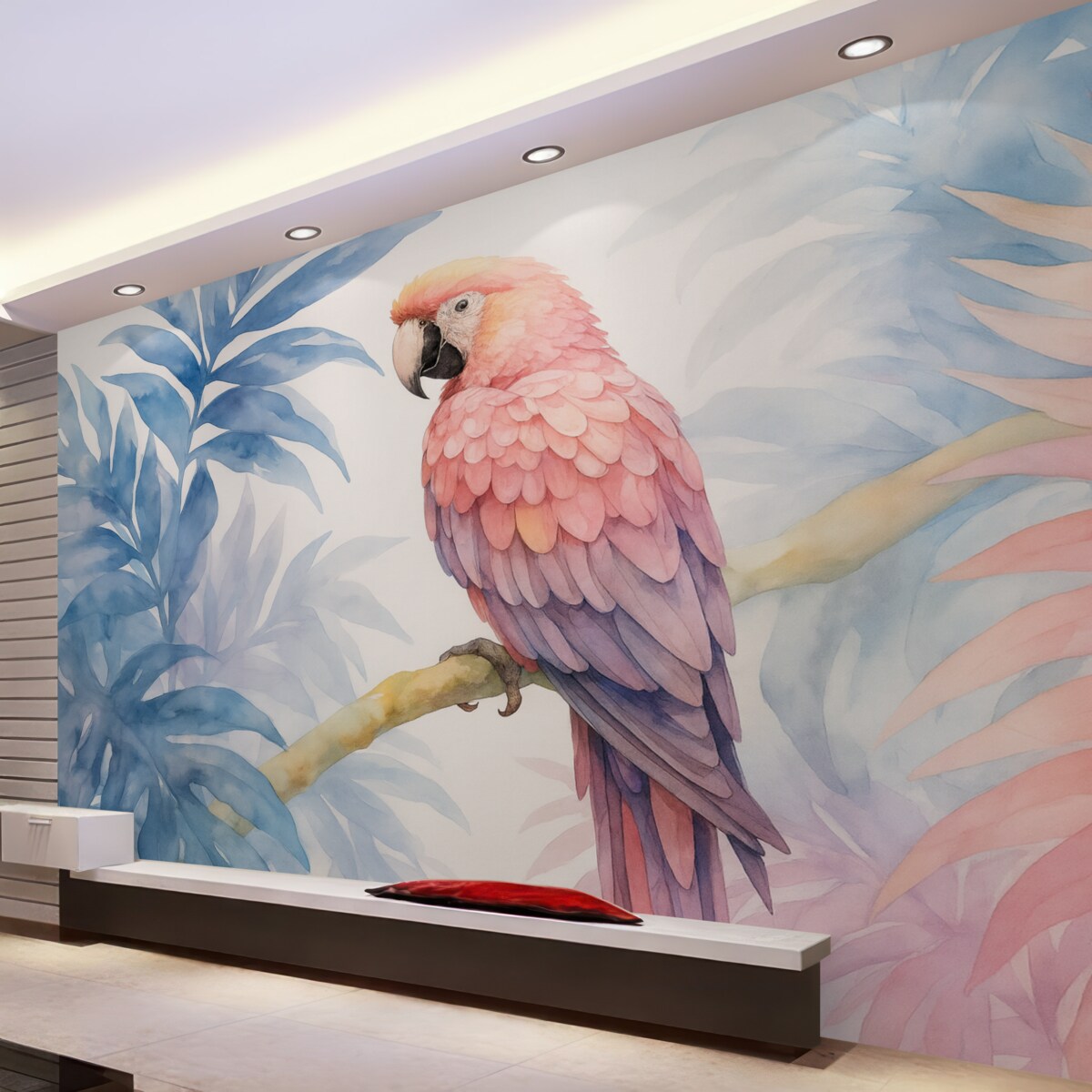 Fototapeta Różowa papuga spoczywająca na gałęzi przypomina obraz.