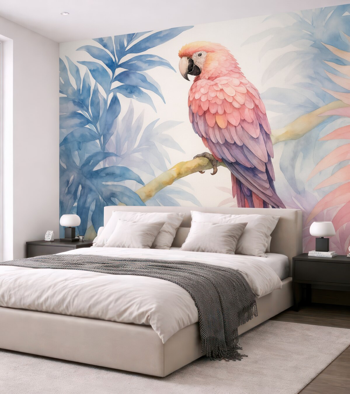 Fototapeta Różowa papuga spoczywająca na gałęzi przypomina obraz.