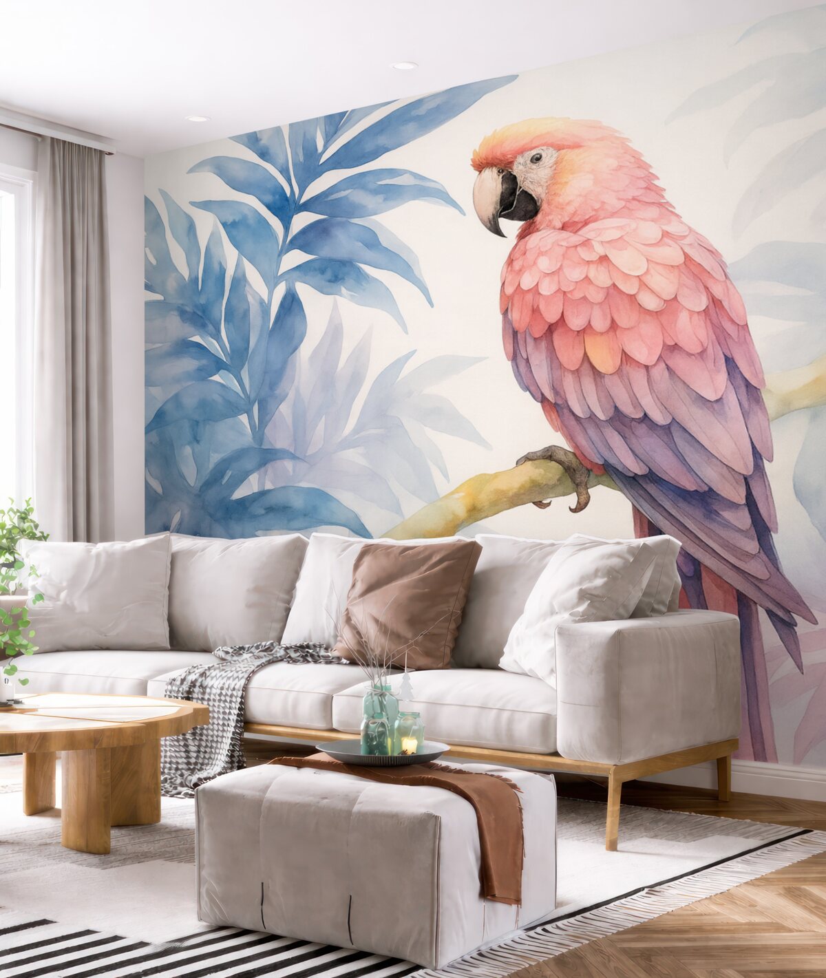 Fototapeta Różowa papuga spoczywająca na gałęzi przypomina obraz.