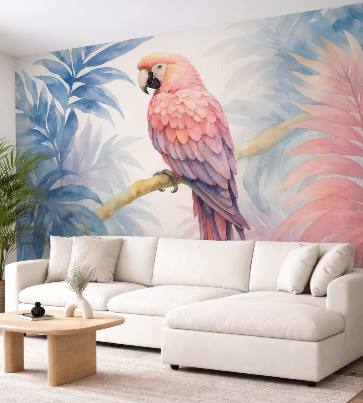 Fototapeta Różowa papuga spoczywająca na gałęzi przypomina obraz.