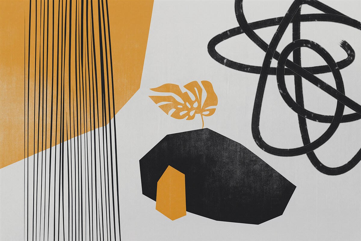 Fototapeta Paski, linie oraz teksturowane kropki, żółte i ciemne.