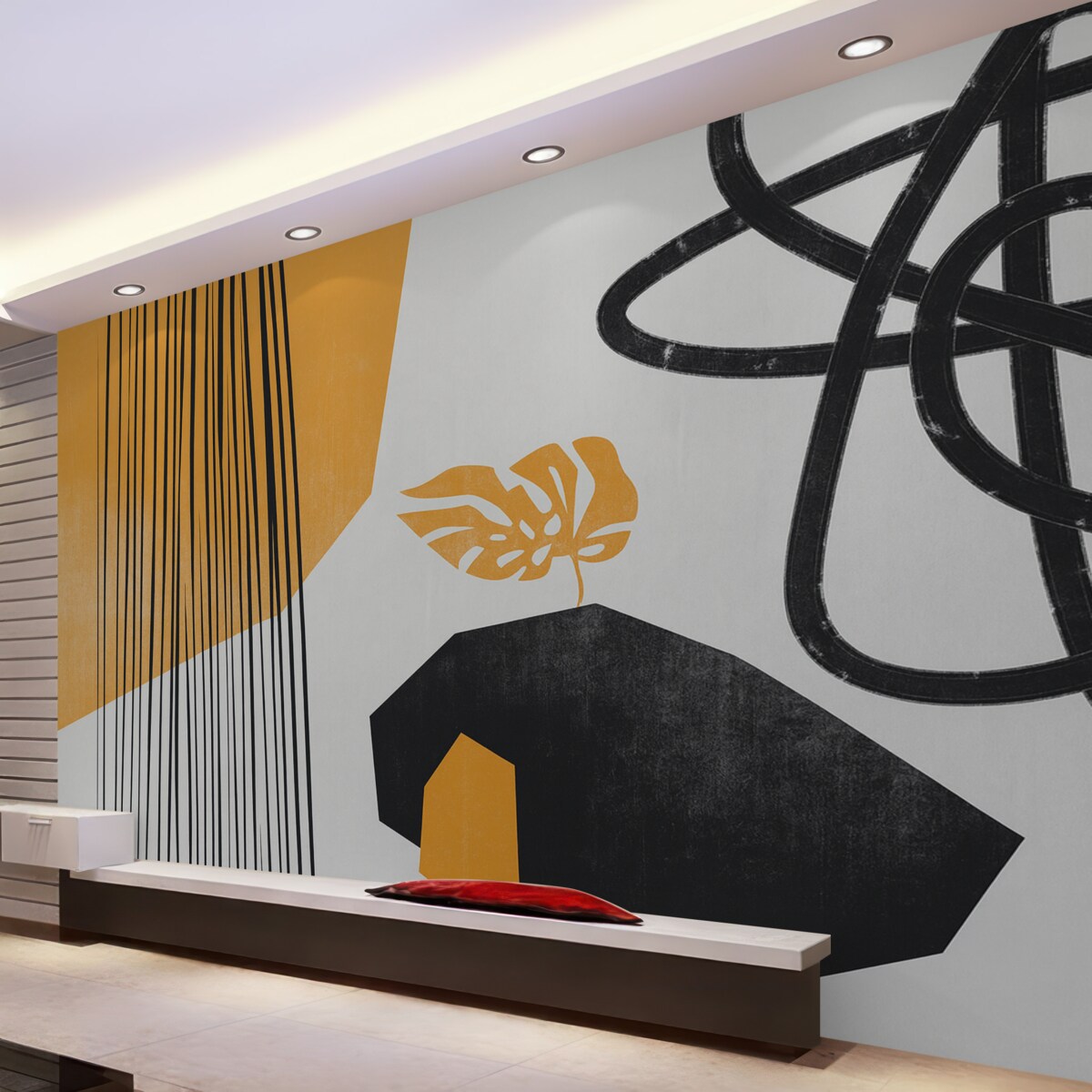 Fototapeta Paski, linie oraz teksturowane kropki, żółte i ciemne.