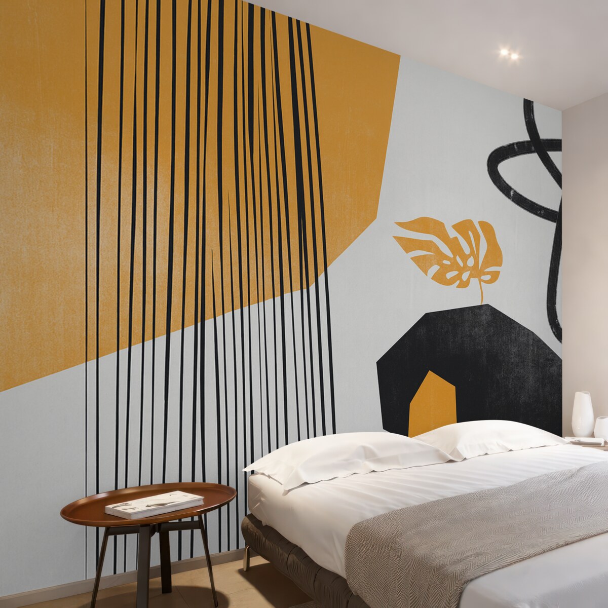 Fototapeta Paski, linie oraz teksturowane kropki, żółte i ciemne.