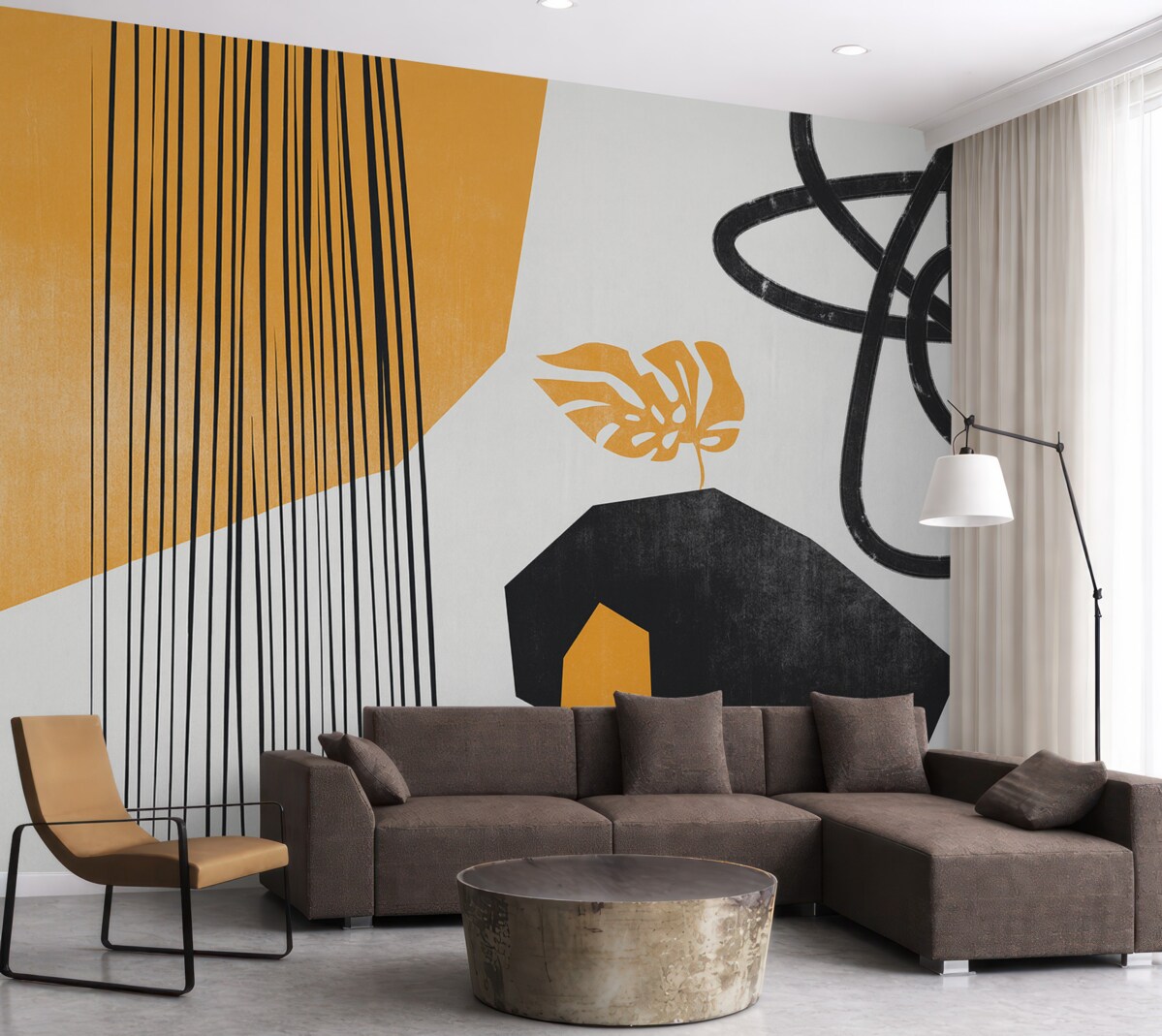 Fototapeta Paski, linie oraz teksturowane kropki, żółte i ciemne.