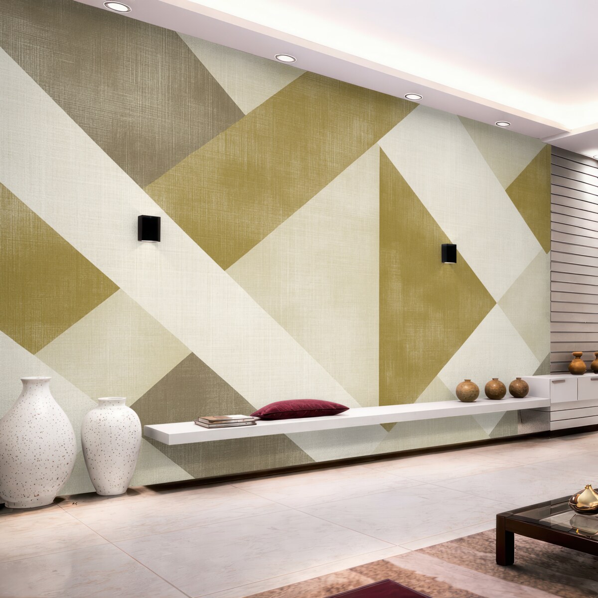 Fototapeta Wsp współczesny geometryczny wzór tapety z pokrywającymi się figurami w subtelnych tonacjach beżu, oliwkowego i taupe.