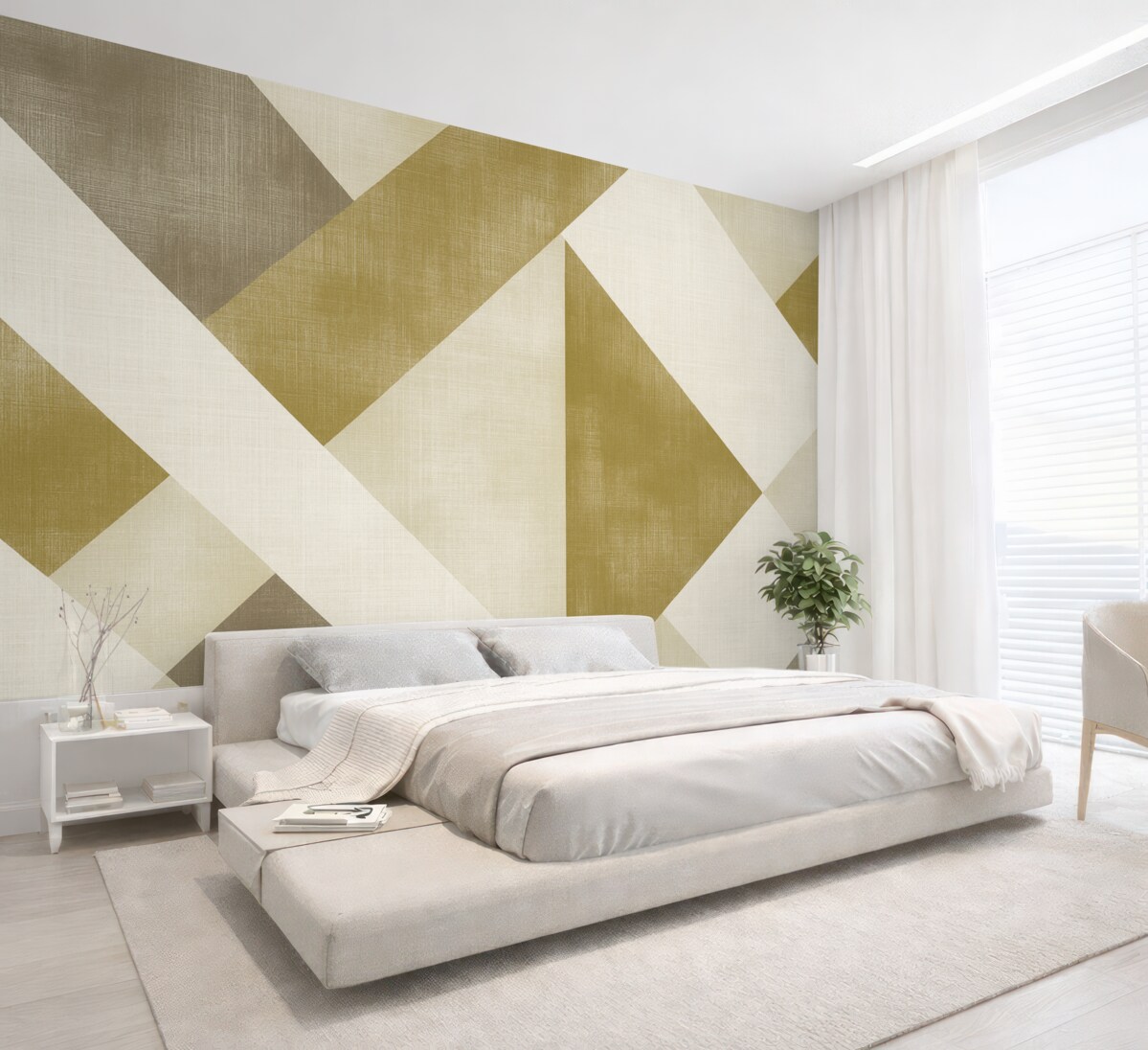 Fototapeta Wsp współczesny geometryczny wzór tapety z pokrywającymi się figurami w subtelnych tonacjach beżu, oliwkowego i taupe.