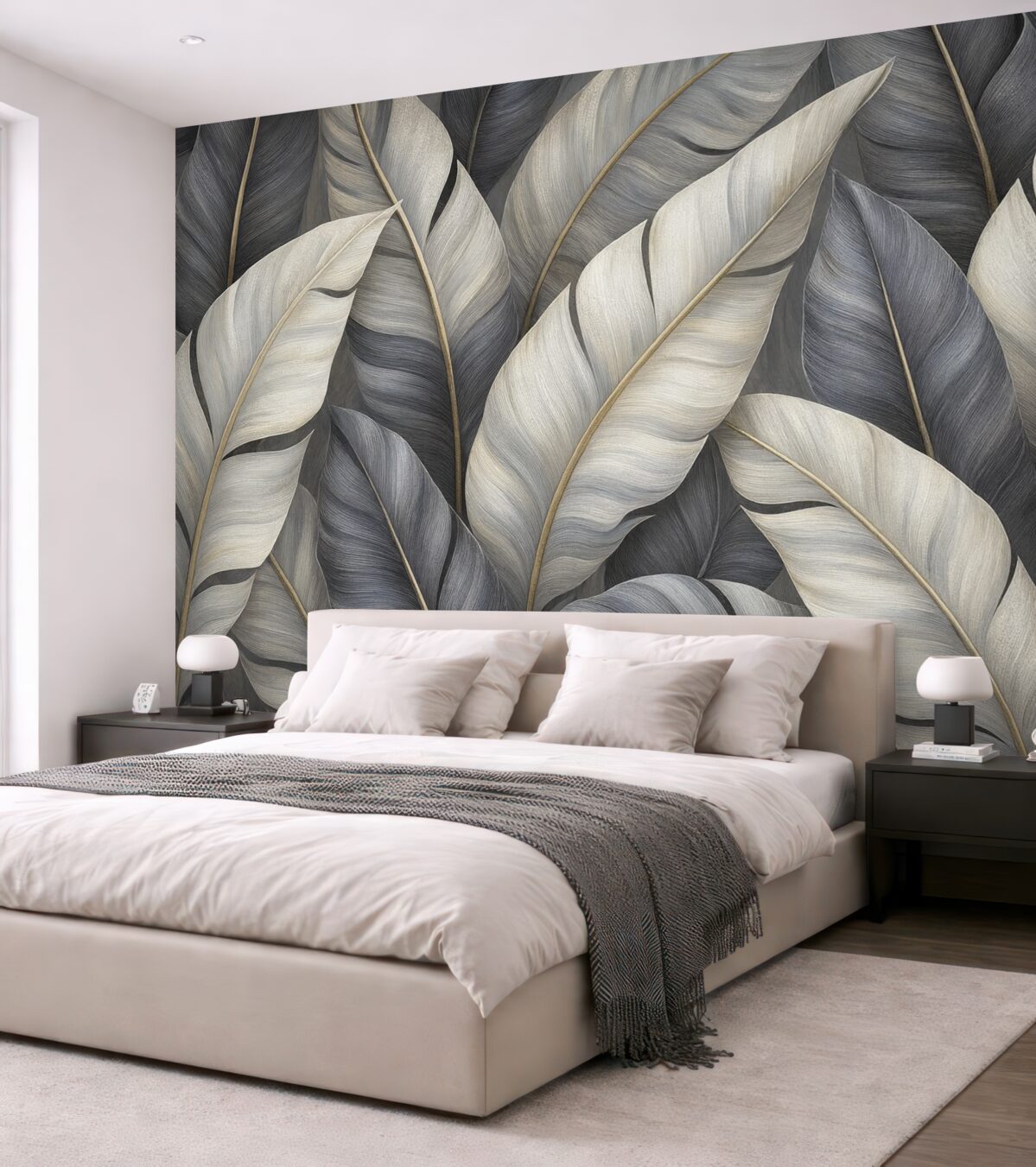 Fototapeta Wytworna tapeta z dużymi liśćmi tropikalnymi.