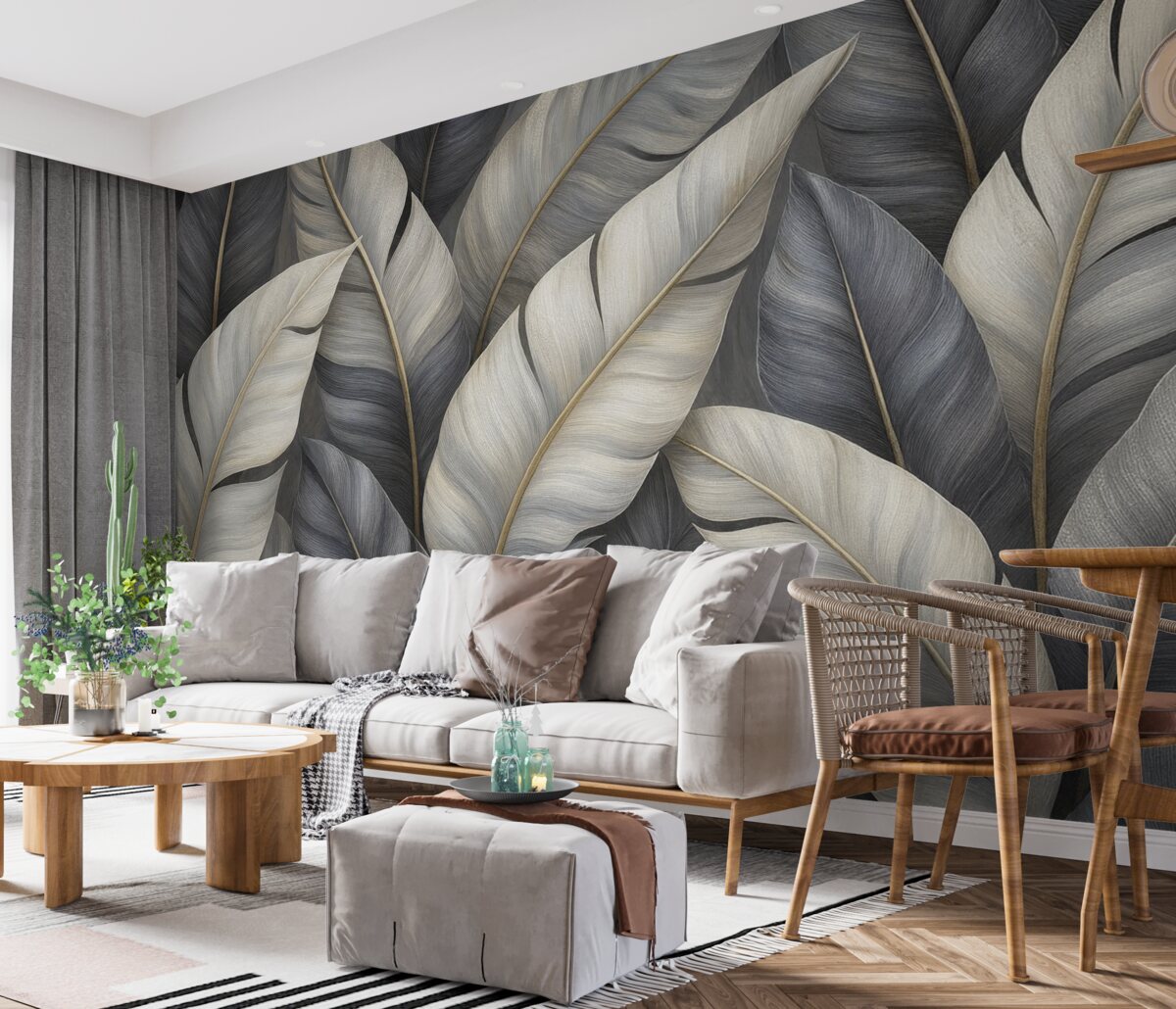 Fototapeta Wytworna tapeta z dużymi liśćmi tropikalnymi.