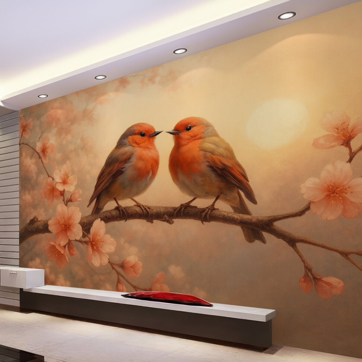 Fototapeta Cicha i romantyczna scena z dwoma maleńkimi ptaszkami siedzącymi na subtelnej gałęzi przystrojonej jasnoróżowymi kwiatuszkami.