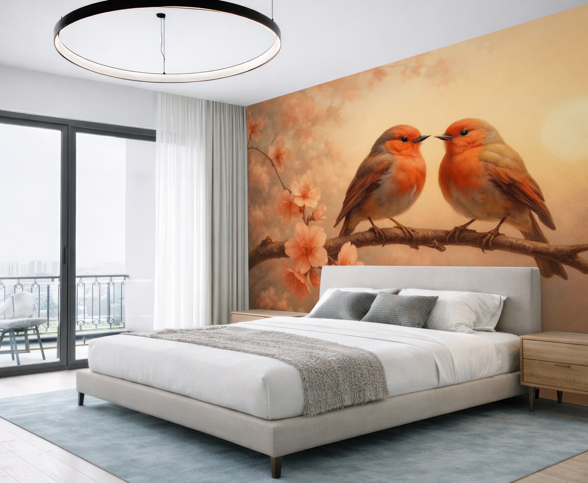 Fototapeta Cicha i romantyczna scena z dwoma maleńkimi ptaszkami siedzącymi na subtelnej gałęzi przystrojonej jasnoróżowymi kwiatuszkami.