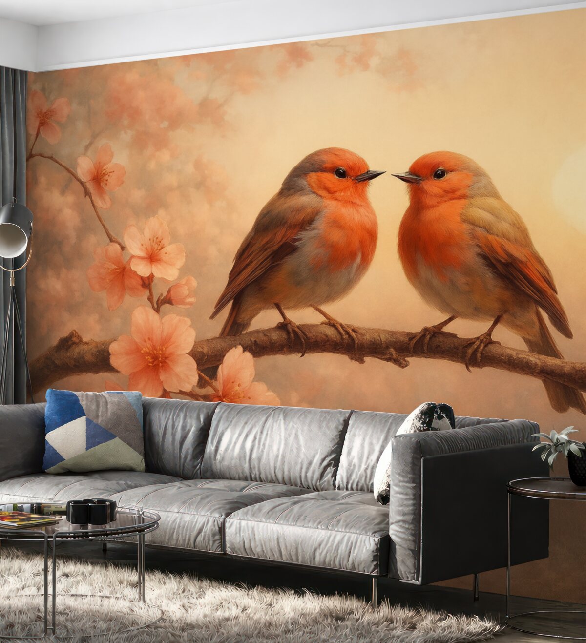 Fototapeta Cicha i romantyczna scena z dwoma maleńkimi ptaszkami siedzącymi na subtelnej gałęzi przystrojonej jasnoróżowymi kwiatuszkami.