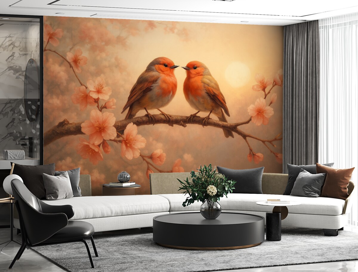 Fototapeta Cicha i romantyczna scena z dwoma maleńkimi ptaszkami siedzącymi na subtelnej gałęzi przystrojonej jasnoróżowymi kwiatuszkami.
