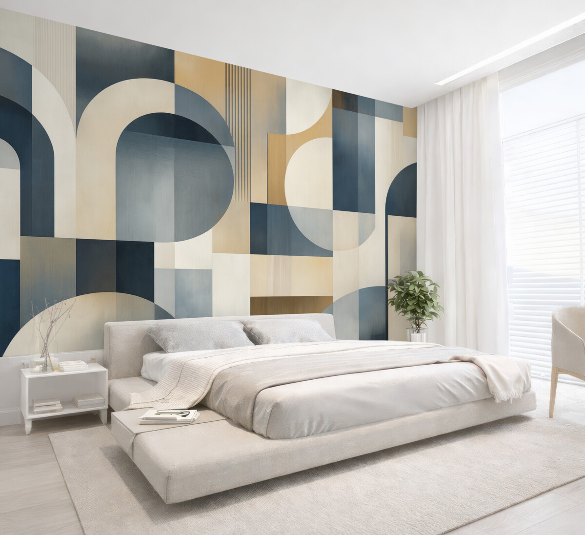 Fototapeta Tapeta w stylu Art Deco z geometrycznym wzorem w tonacjach niebieskiego, beżowego i mlecznego.