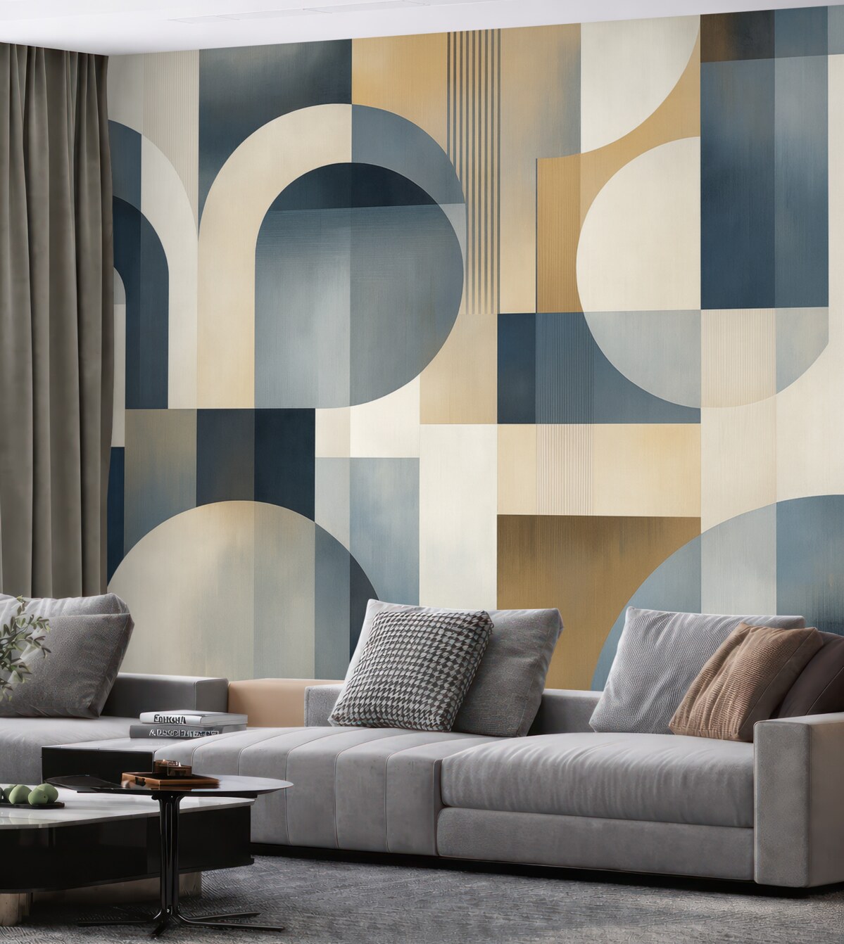 Fototapeta Tapeta w stylu Art Deco z geometrycznym wzorem w tonacjach niebieskiego, beżowego i mlecznego.