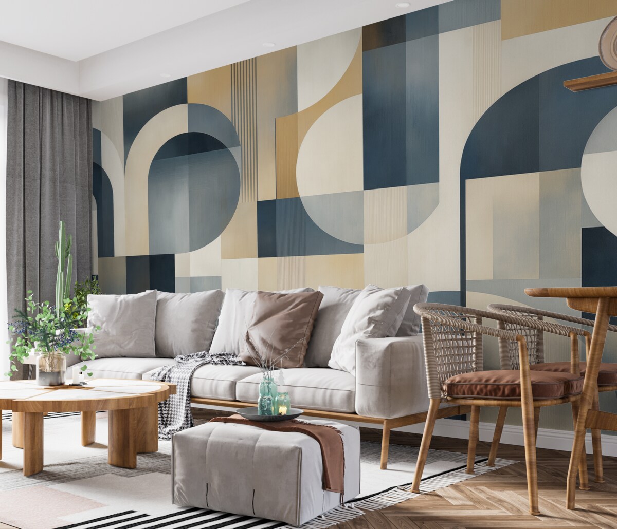 Fototapeta Tapeta w stylu Art Deco z geometrycznym wzorem w tonacjach niebieskiego, beżowego i mlecznego.