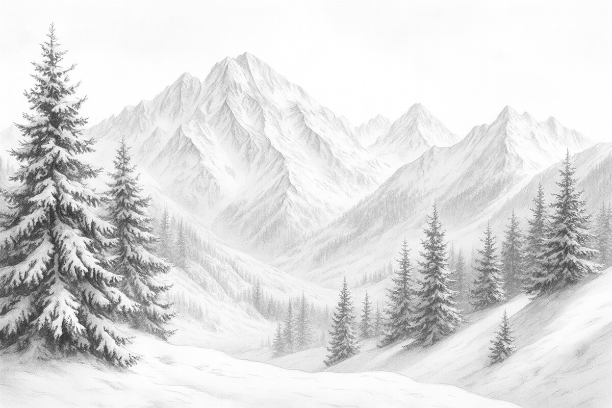 Fototapeta Zaśnieżone szczyty, szkic ołówkiem, prostota, las, przyroda.