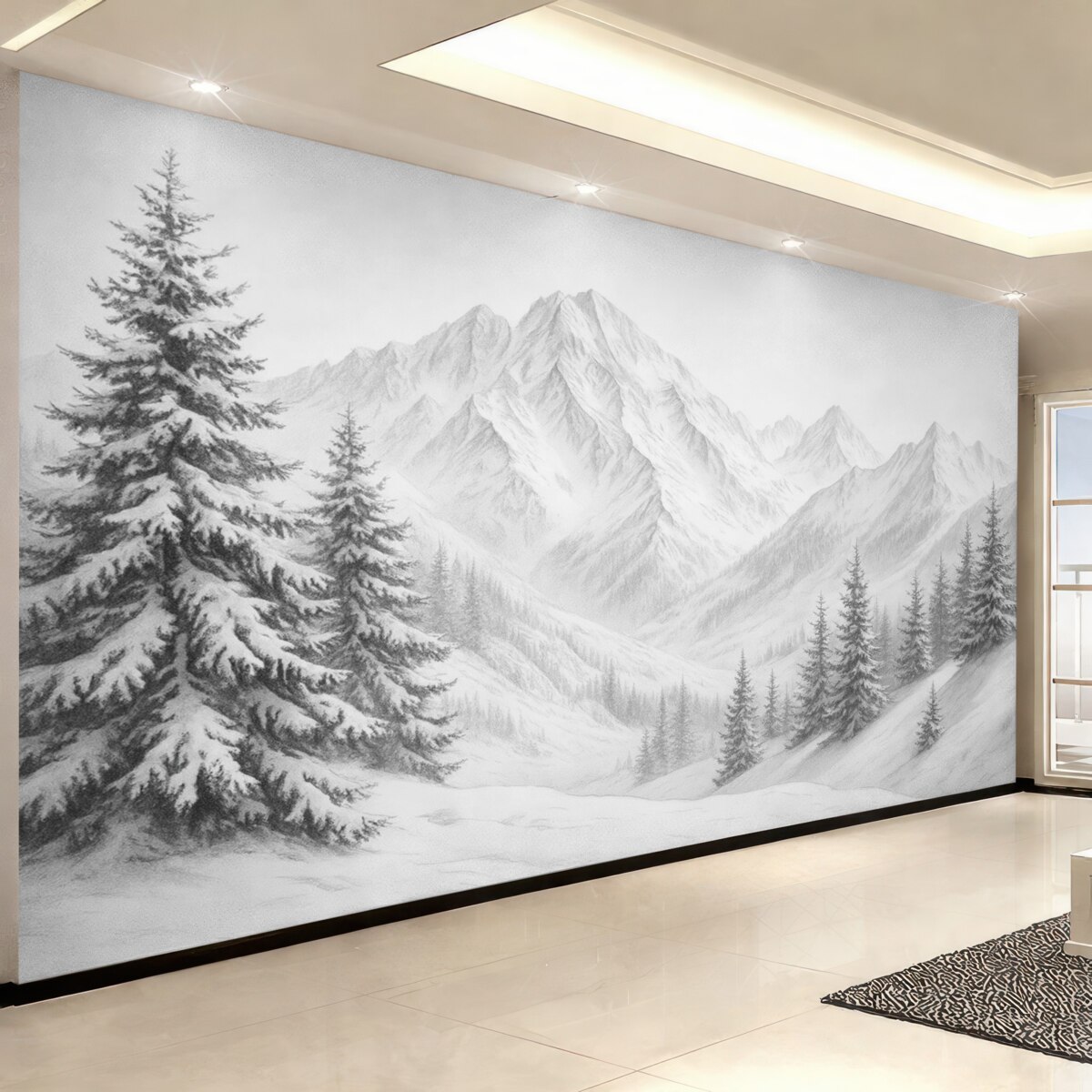 Fototapeta Zaśnieżone szczyty, szkic ołówkiem, prostota, las, przyroda.