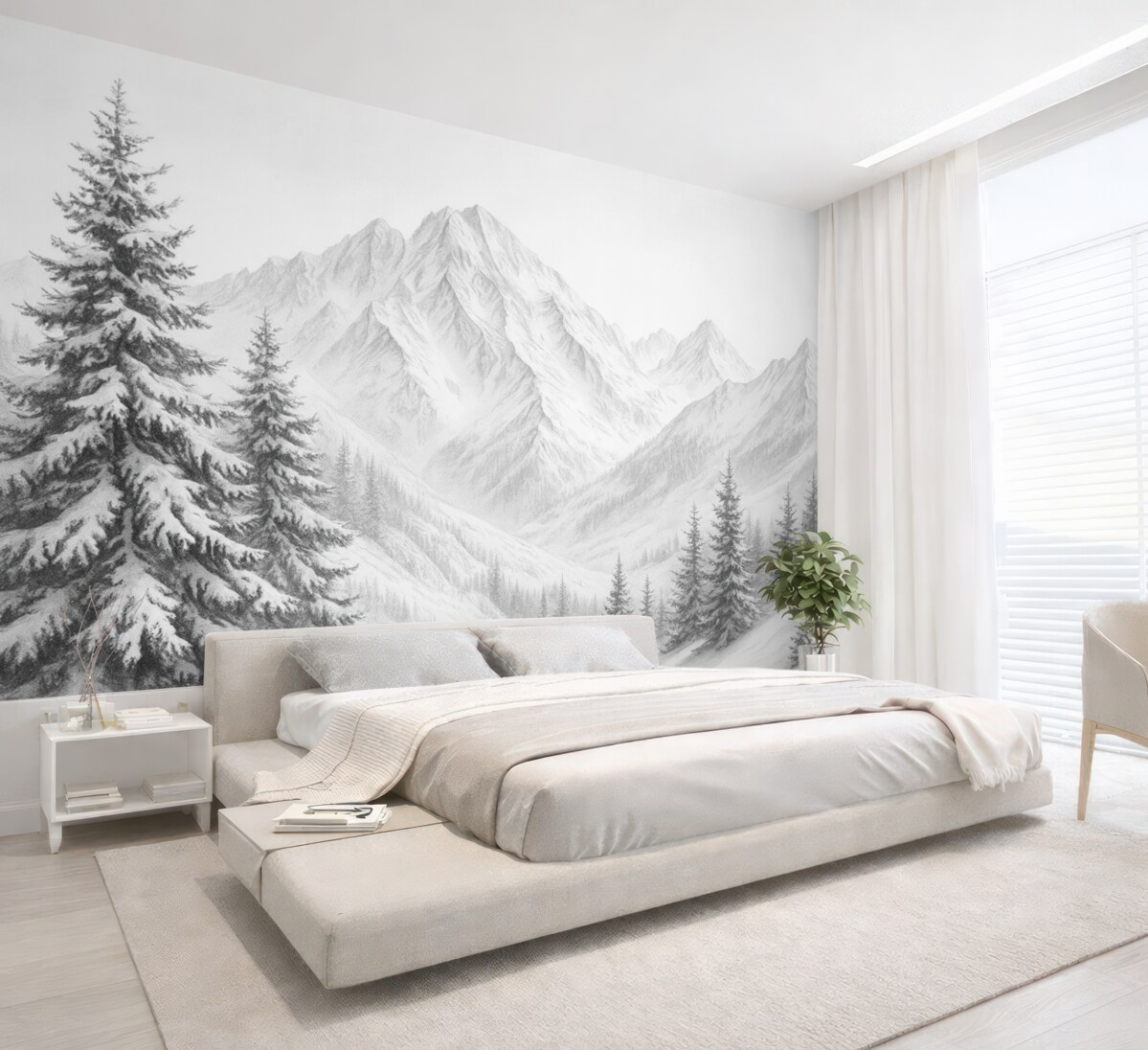 Fototapeta Zaśnieżone szczyty, szkic ołówkiem, prostota, las, przyroda.