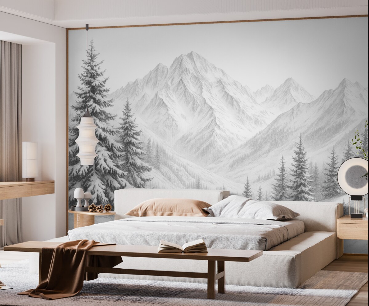 Fototapeta Zaśnieżone szczyty, szkic ołówkiem, prostota, las, przyroda.