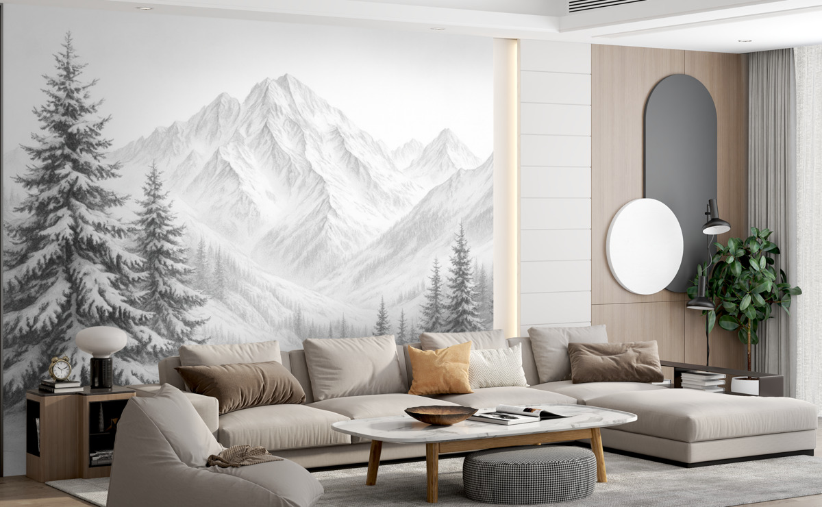 Fototapeta Zaśnieżone szczyty, szkic ołówkiem, prostota, las, przyroda.