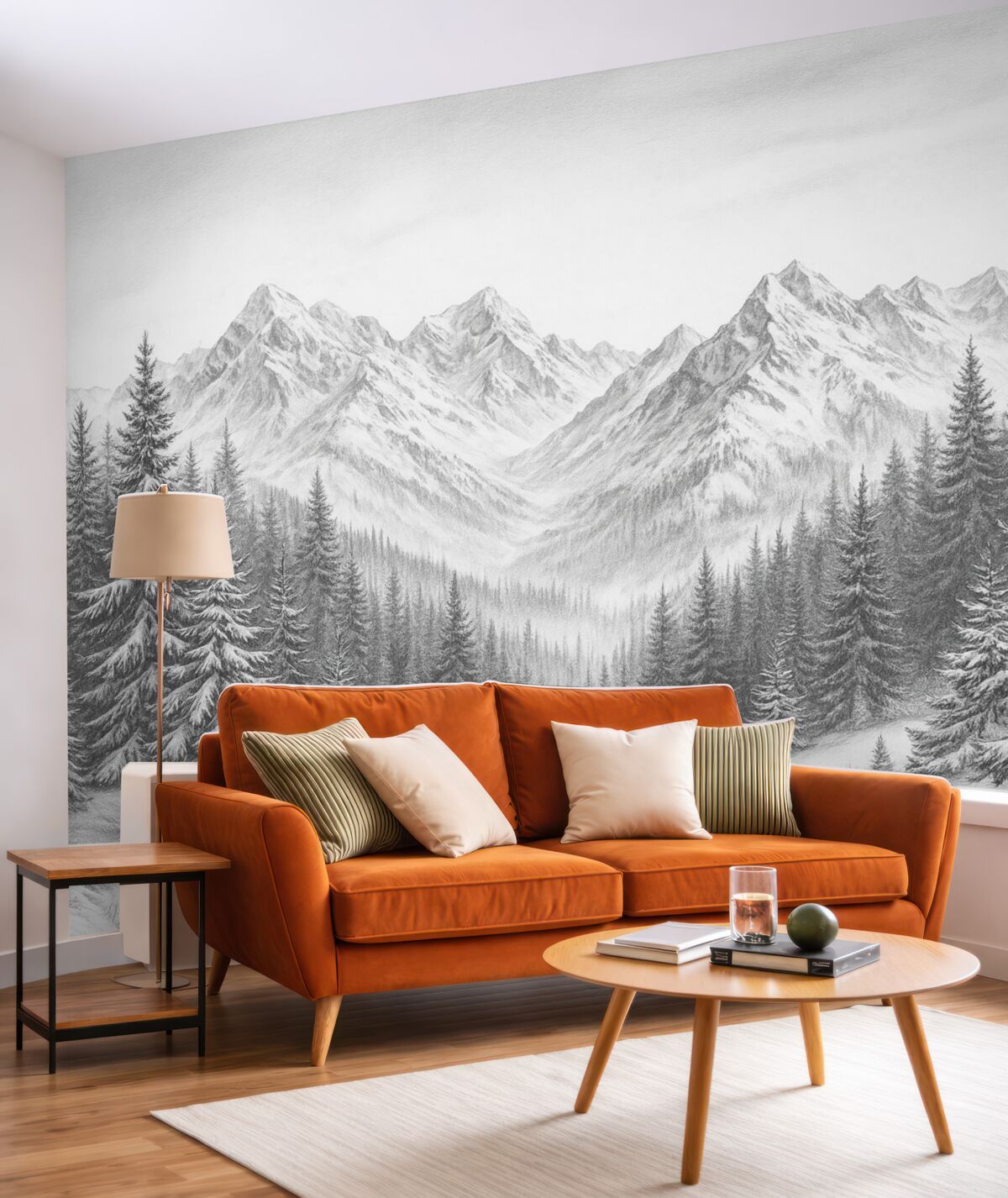 Fototapeta Alpejskie pasma górskie w białym puchu, styl rysunkowy, oszczędność formy.