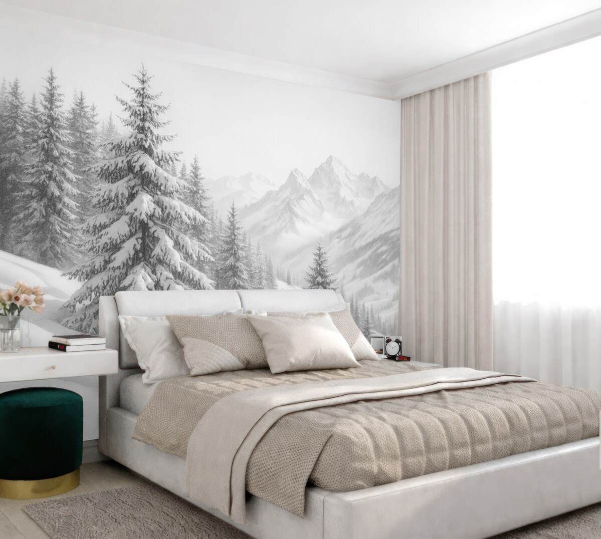 Fototapeta Zimowy krajobraz górski, las, Alpy, szkic ołówkiem, widoki przyrody.