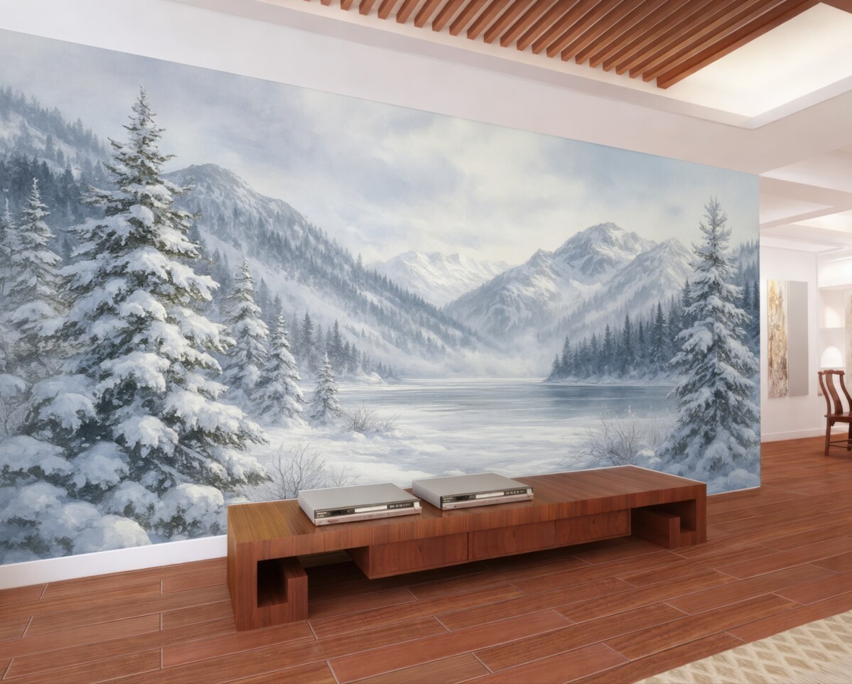 Fototapeta Zaśnieżone szczyty, akryl, mroźny las, przyroda.