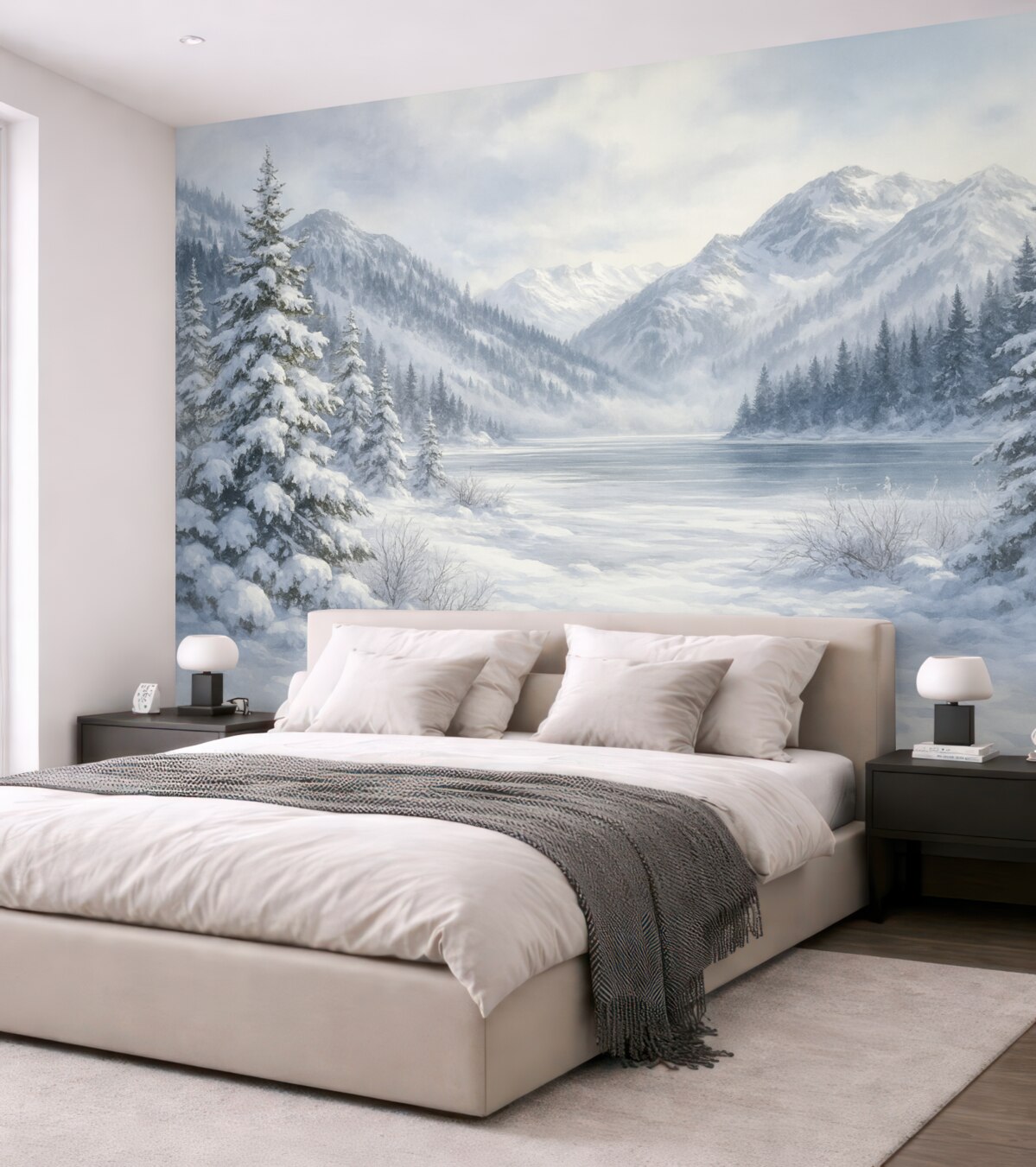 Fototapeta Zaśnieżone szczyty, akryl, mroźny las, przyroda.