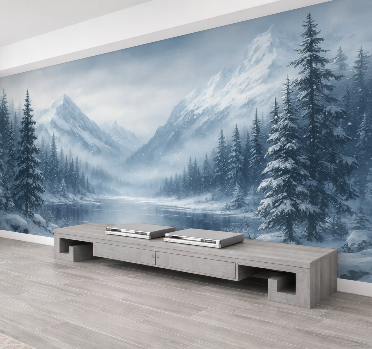 Fototapeta Góry alpejskie przykryte śniegiem, akwarela, sezon zimowy, błękitne odcienie, drzewa sosnowe.