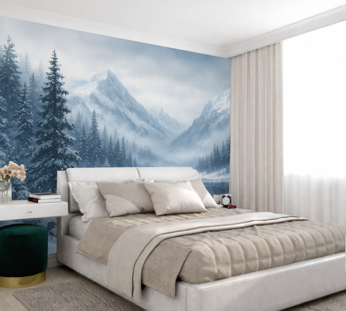 Fototapeta Góry alpejskie przykryte śniegiem, akwarela, sezon zimowy, błękitne odcienie, drzewa sosnowe.