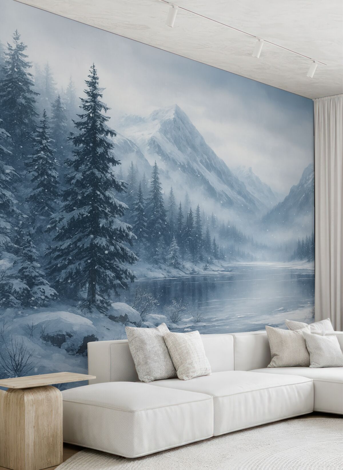 Fototapeta Góry alpejskie przykryte śniegiem, akwarela, sezon zimowy, błękitne odcienie, drzewa sosnowe.