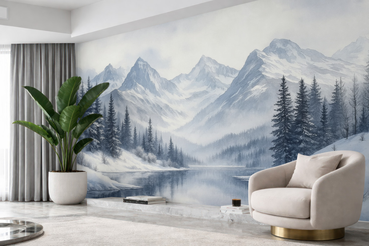 Fototapeta Góry z jeziorem, zima, las, niebo przy zachodzie słońca, przyroda.