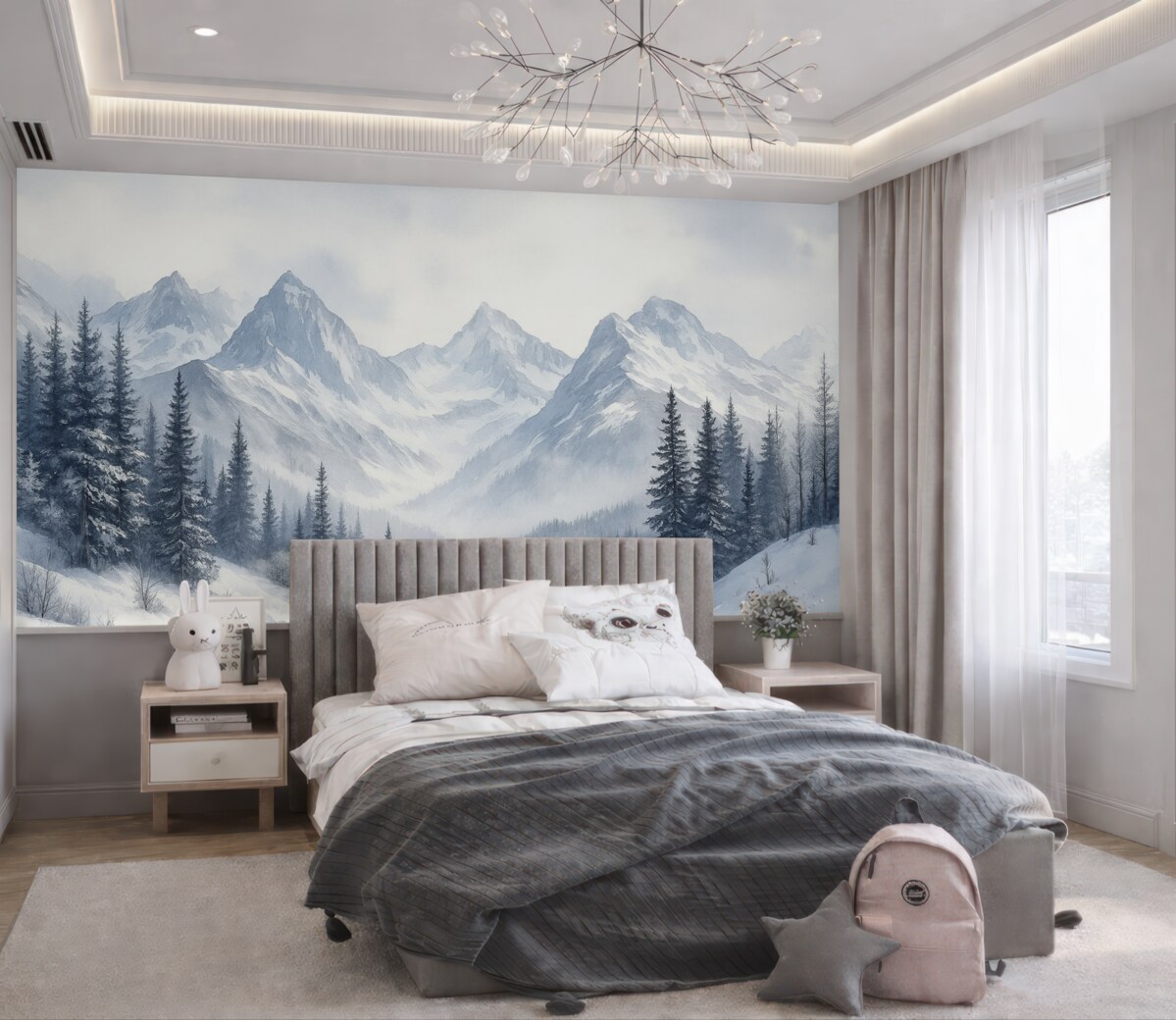 Fototapeta Góry z jeziorem, zima, las, niebo przy zachodzie słońca, przyroda.