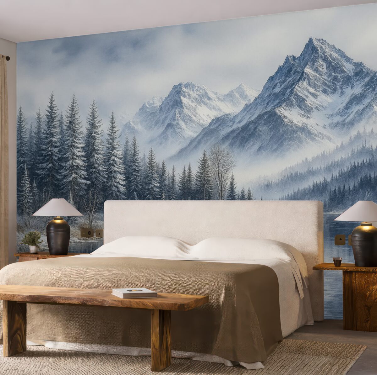 Fototapeta Alpy pokryte śniegiem, zimowy las, lodowate jezioro, błękitna gama barw.