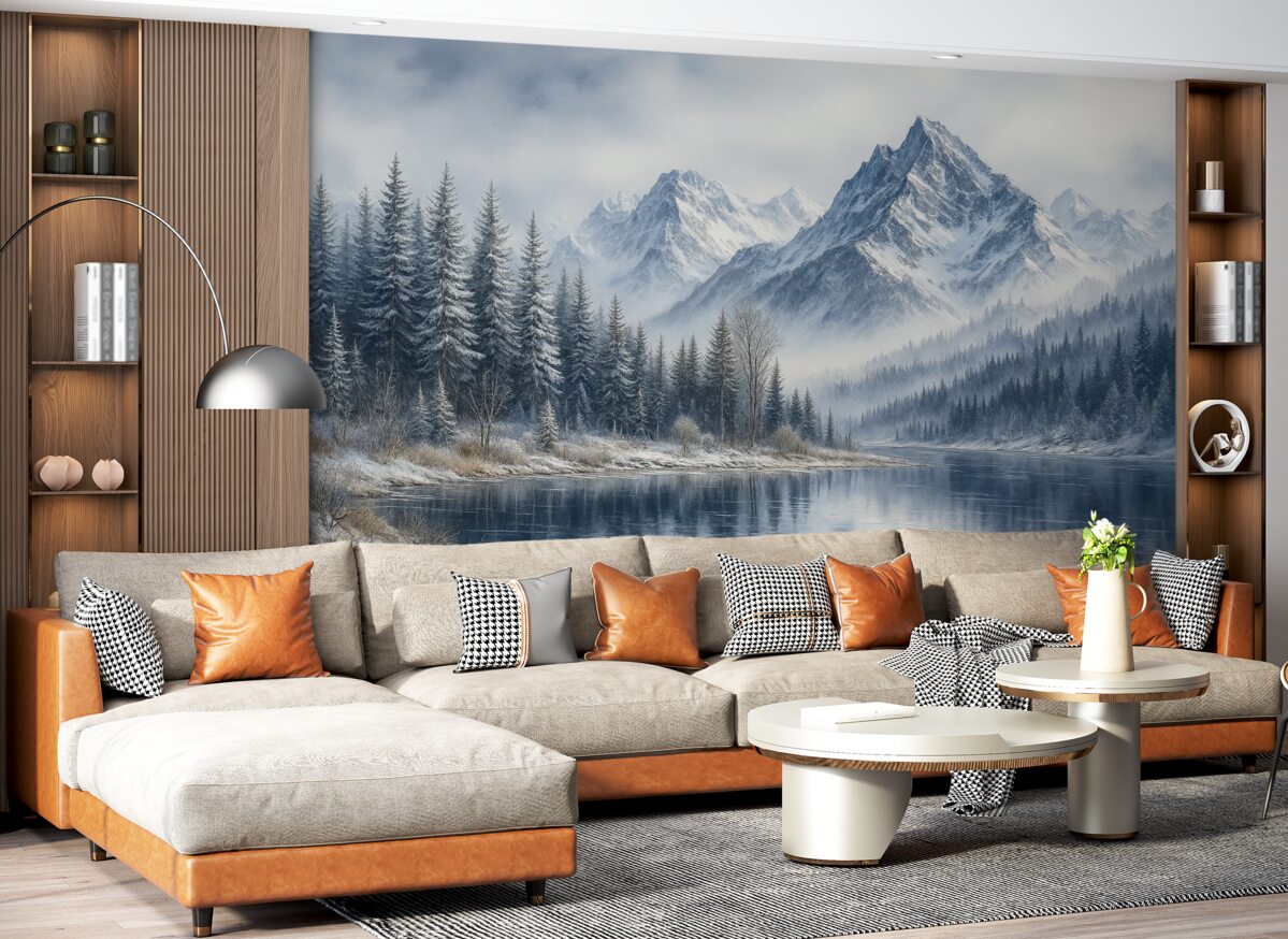 Fototapeta Alpy pokryte śniegiem, zimowy las, lodowate jezioro, błękitna gama barw.