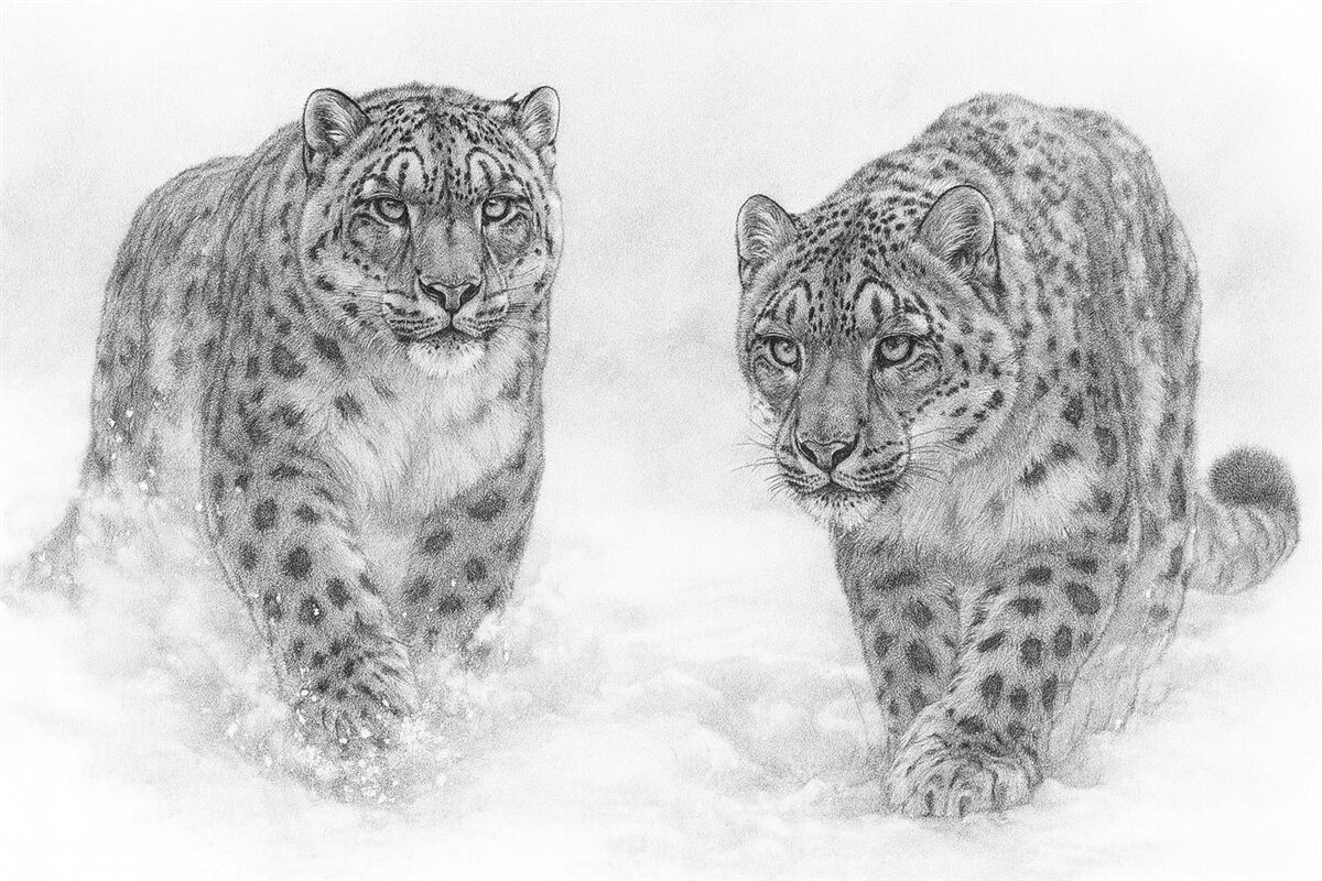Fototapeta Pantery śnieżnobiałe, zima, dzikie zwierzęta, szkic ołówkiem, prostota.