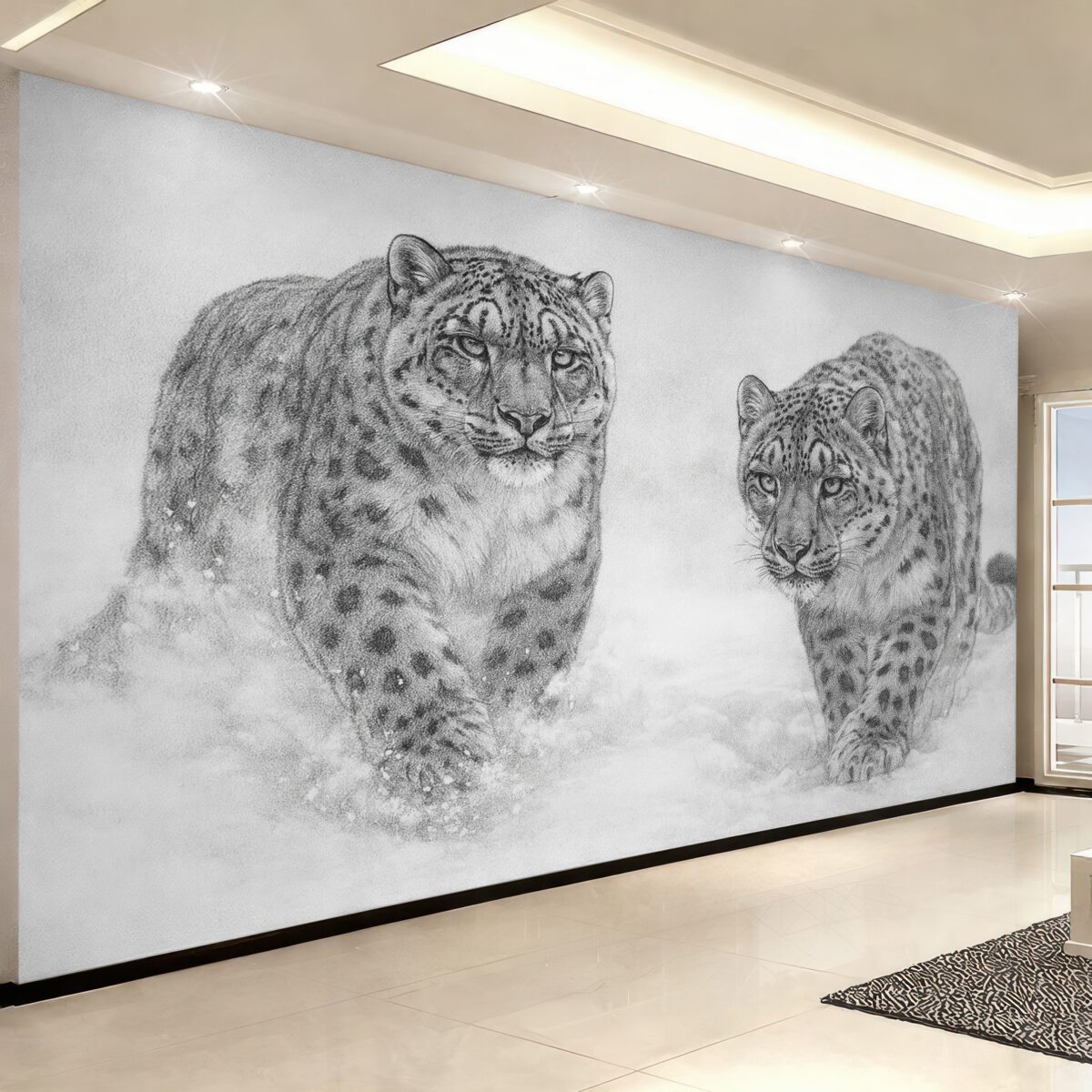 Fototapeta Pantery śnieżnobiałe, zima, dzikie zwierzęta, szkic ołówkiem, prostota.