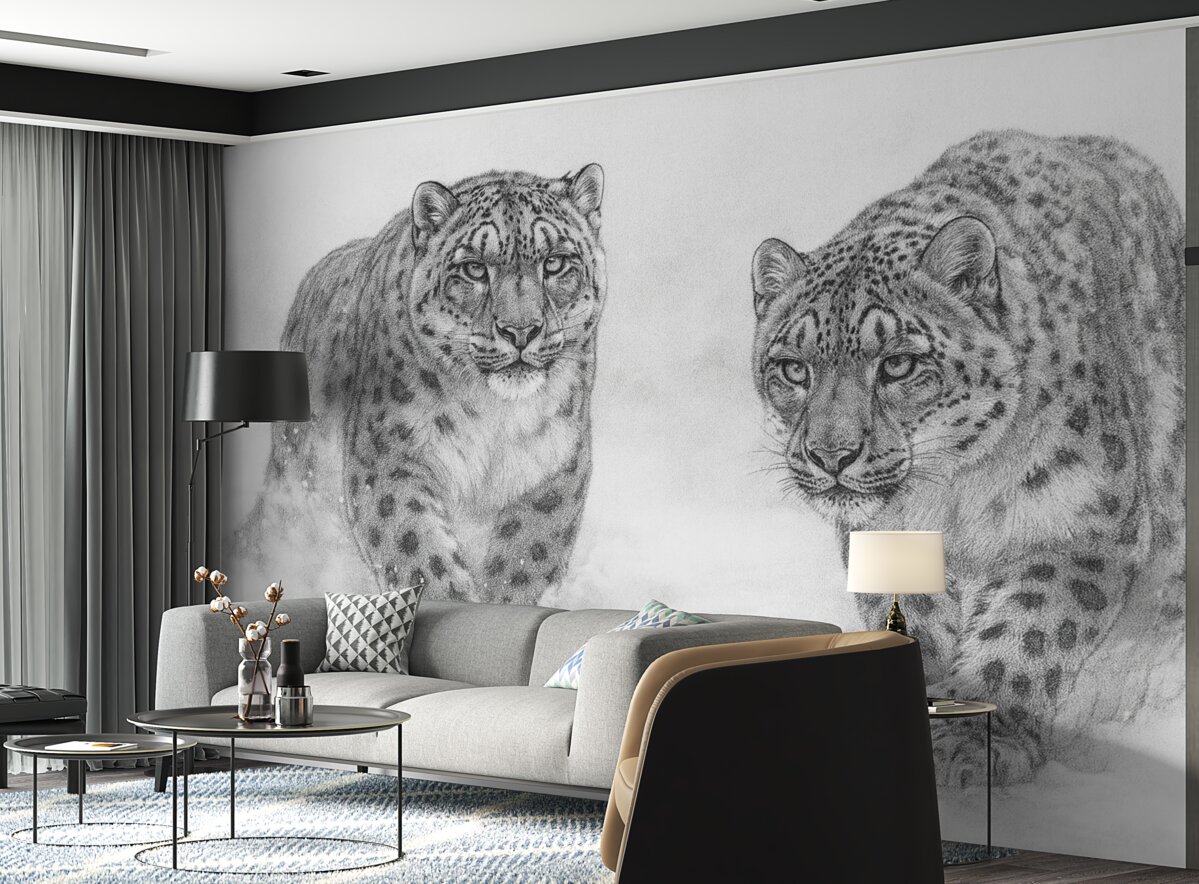 Fototapeta Pantery śnieżnobiałe, zima, dzikie zwierzęta, szkic ołówkiem, prostota.