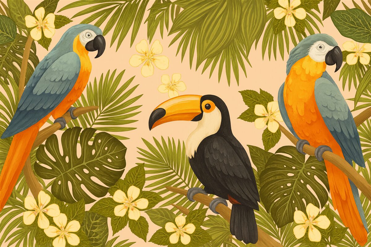 Fototapeta Jasne papugi i tukan w odcieniu żółtym.