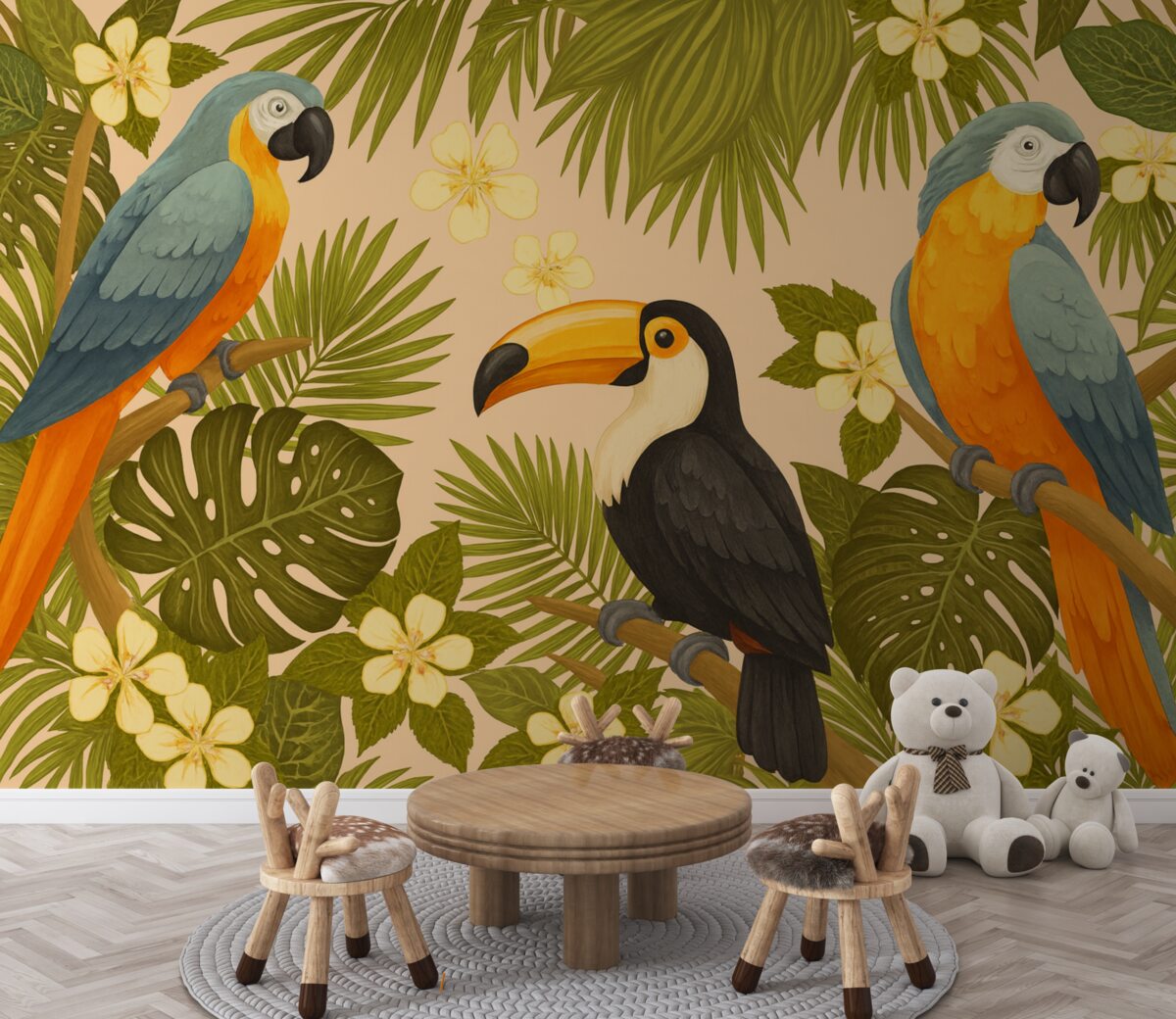 Fototapeta Jasne papugi i tukan w odcieniu żółtym.